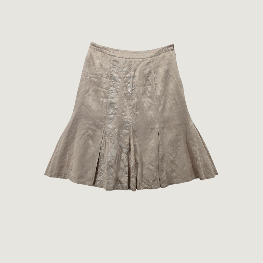 Chico's 100% Silk Jacquard Skirt Beige Floral A-Line Pleated Flare Size 1.5 L
